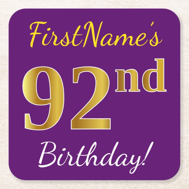 Dessous-de-verre Carré En Papier Purple, Faux Gold 92e anniversaire + Nom personnal (Devant)