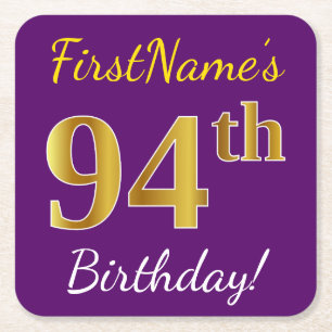 Dessous-de-verre Carré En Papier Purple, Faux Gold 94e anniversaire + Nom personnal