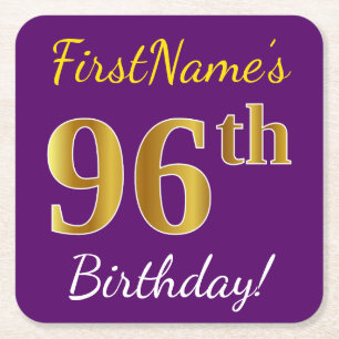 Dessous-de-verre Carré En Papier Purple, Faux Gold 96e anniversaire + Nom personnal