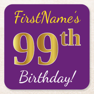 Dessous-de-verre Carré En Papier Purple, Faux Gold 99e anniversaire + Nom personnal