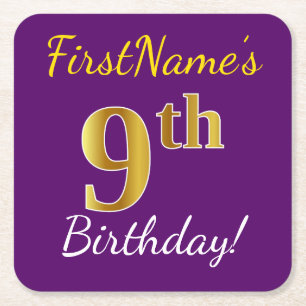 Dessous-de-verre Carré En Papier Purple, Faux Gold 9e anniversaire + Nom personnali