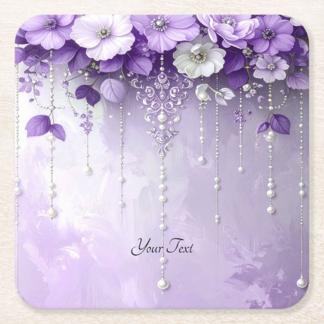 Dessous-de-verre Carré En Papier Purple Flowers with Dangling Pearls Paper Coaster (Devant)