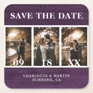 Dessous-de-verre Carré En Papier Purple Wood Mariage Photo Enregistrer La Date