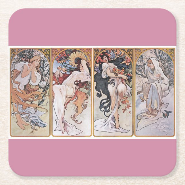 Dessous-de-verre Carré En Papier Quatre Saisons, Mucha (Devant)