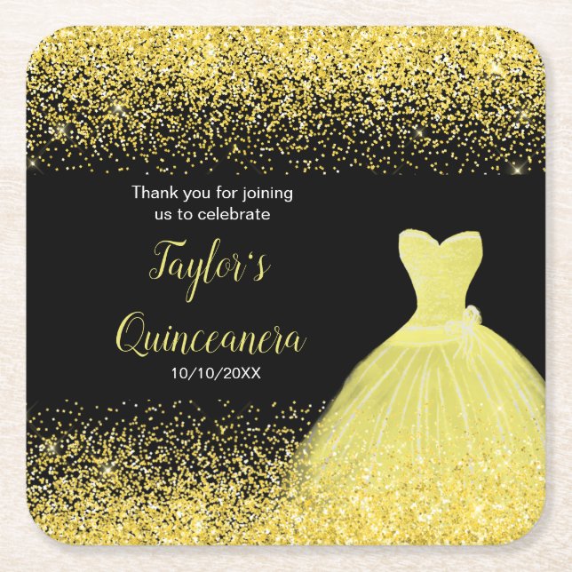 Dessous-de-verre Carré En Papier Quinceanera Bright Yellow Faux Parties scintillant (Devant)