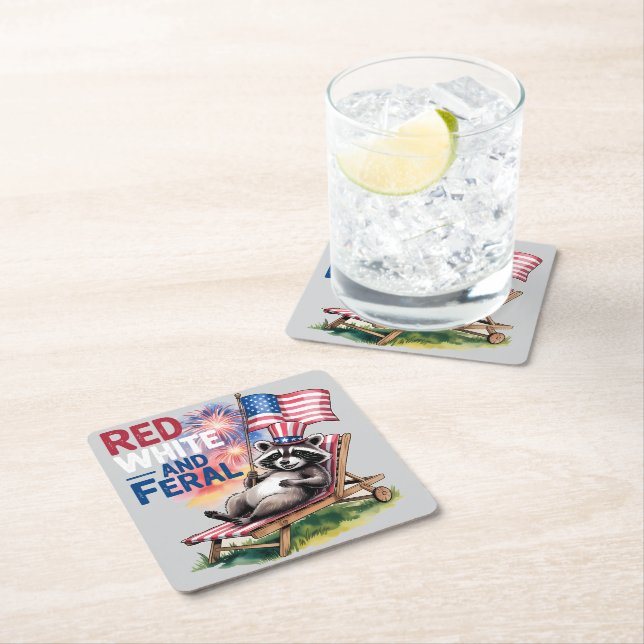 Dessous-de-verre Carré En Papier Raccoon Rouge Blanc Et Feral (En situation)