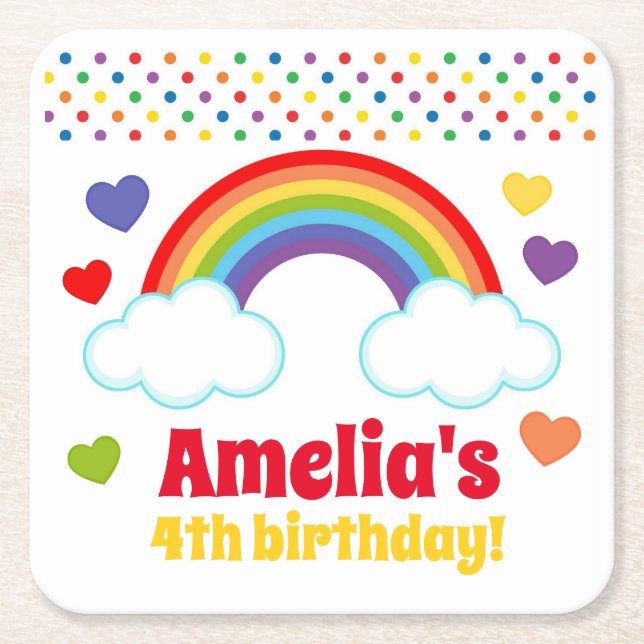 Dessous-de-verre Carré En Papier Rainbows Coeurs et Dots Filles Anniversaire (Devant)
