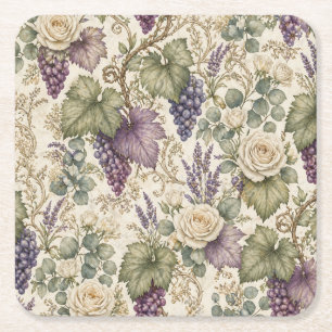 Dessous-de-verre Carré En Papier Raisins Antiques, Lavande & Roses Blanches