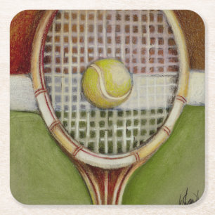 Dessous-de-verre Carré En Papier Raquette de tennis avec la boule s'étendant sur la