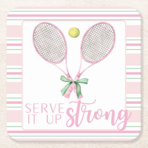 Dessous-de-verre Carré En Papier Raquette de tennis rose "Servez fort" 