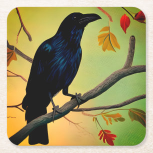 Dessous-de-verre Carré En Papier Raven De Plaisir Entouré Sur Branche