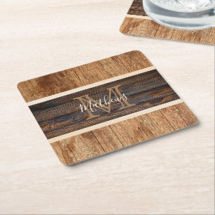 Dessous-de-verre Carré En Papier Rayure de monogramme de ton de bois rustique