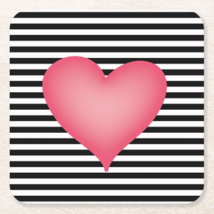 Dessous-de-verre Carré En Papier Rayure noire et blanche avec le grand coeur rose