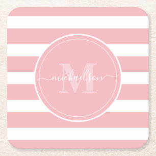 Dessous-de-verre Carré En Papier Rayures rose et blanc Monogramme Nom