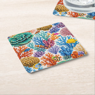 Dessous-de-verre Carré En Papier Récif de corail coloré poisson tropical