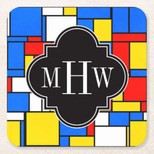 Dessous-de-verre Carré En Papier Red Blue Yellow Mondrian Blk Quatrefoil 3 monogram