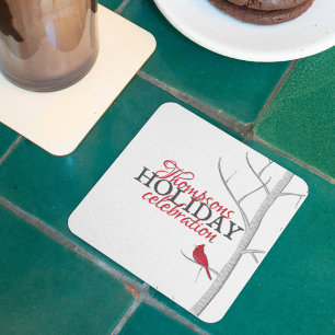 Dessous-de-verre Carré En Papier Red Cardinal Winter Woodland Tree Custom Holiday