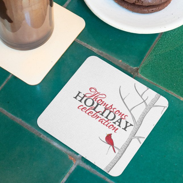 Dessous-de-verre Carré En Papier Red Cardinal Winter Woodland Tree Custom Holiday (Holiday winter red cardinal birch tree holiday paper party coaster.)