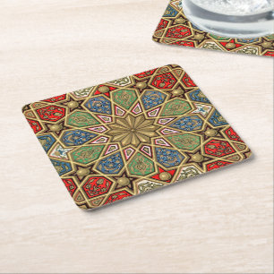 Dessous-de-verre Carré En Papier Red Green Blue Faux Gold Motif d'art arabe
