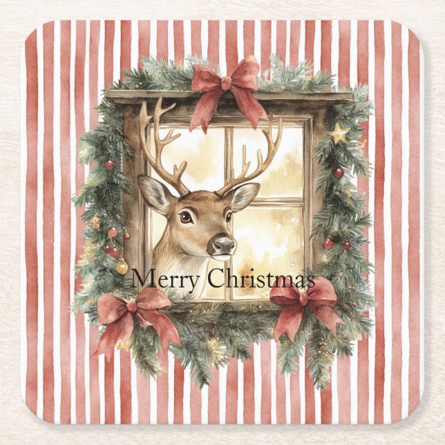 Dessous-de-verre Carré En Papier Red Stripes Bows Christmas Deer in Window (Devant)