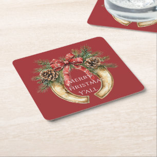 Dessous-de-verre Carré En Papier Red Western Gold Horse Chaussure Pine de Noël cône