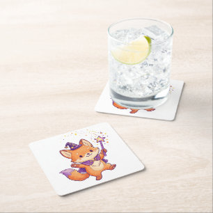 Dessous-de-verre Carré En Papier Renard sorcier mignon lançant un sortilège d'Hallo
