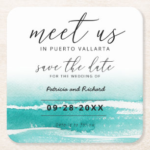Dessous-de-verre Carré En Papier Rencontrez-Nous À La Destination Mariage Teal Save