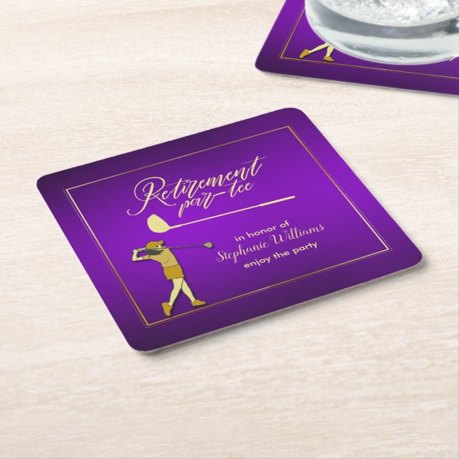 Dessous-de-verre Carré En Papier Retraite Golf Party Classique Violet Golden Woman (Incliné)