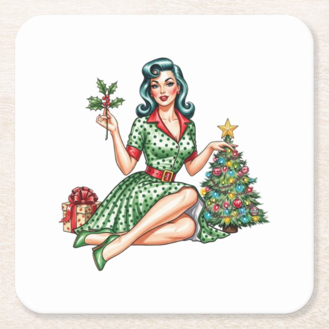 Dessous-de-verre Carré En Papier Retro Christmas Pin-Up Paper Coaster (Devant)