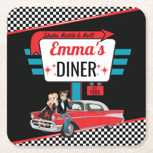 Dessous-de-verre Carré En Papier Retro Diner 1950 Black/Red Birthday Party
