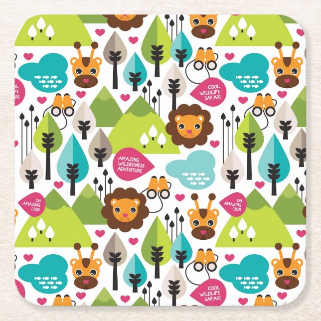 Dessous-de-verre Carré En Papier rétro faune de lion de safari d'enfants (Devant)