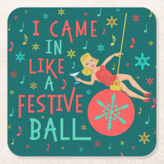 Dessous-de-verre Carré En Papier Rétro femme de Noël drôle sur la boule de fête de