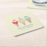 Dessous-de-verre Carré En Papier Retro Ice Cream Cone 40e Anniversaire Custom<br><div class="desc">Nouveau pour l'été 2004. Un design rétro patriotique propose 3 cônes de crème glacée dans des tons pastel rétro rouge,  blanc et bleu. Deux lignes de texte modifiable vous permettent de customiser cette conception.</div>