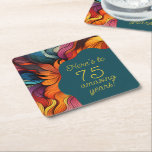 Dessous-de-verre Carré En Papier Retro Moderne Turquoise Orange 75e anniversaire<br><div class="desc">Levez un verre dans le style avec ce dessous de verre floral vibrant avec le message joyeux, "Voici à 75 ans extraordinaires." Conçu avec des fleurs abstraites audacieuses dans des tons riches d'orange, de turquoise, de rose et de pourpre, ce dessous de verre accrocheur ajoute une touche festive à votre...</div>