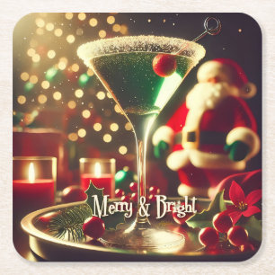 Dessous-de-verre Carré En Papier Retro Santa Noël Martini Vert des années 50