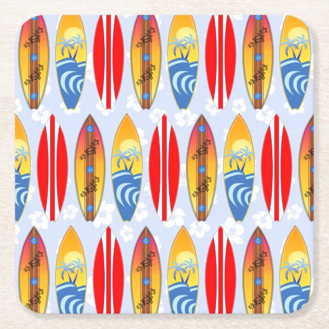 Dessous-de-verre Carré En Papier Retro Surfboards Light Blue Hibiscus (Devant)