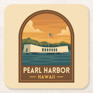 Dessous-de-verre Carré En Papier Retro Voyage Pearl Harbor Mémorial Hawaï