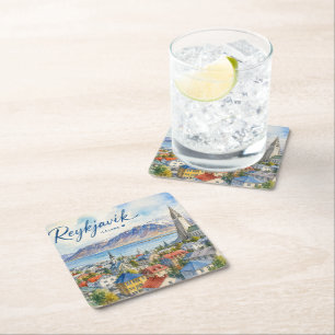 Dessous-de-verre Carré En Papier Reykjavik Islande souvenir aquarelle 