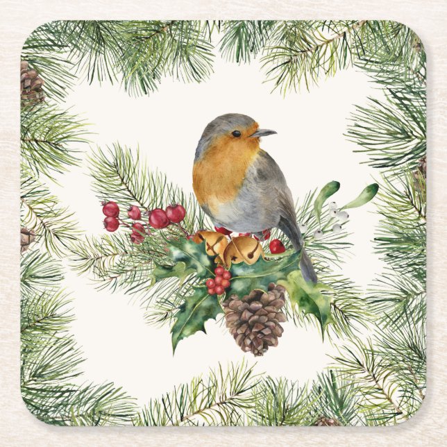 Dessous-de-verre Carré En Papier Robin, saint, Noël de pin (Devant)