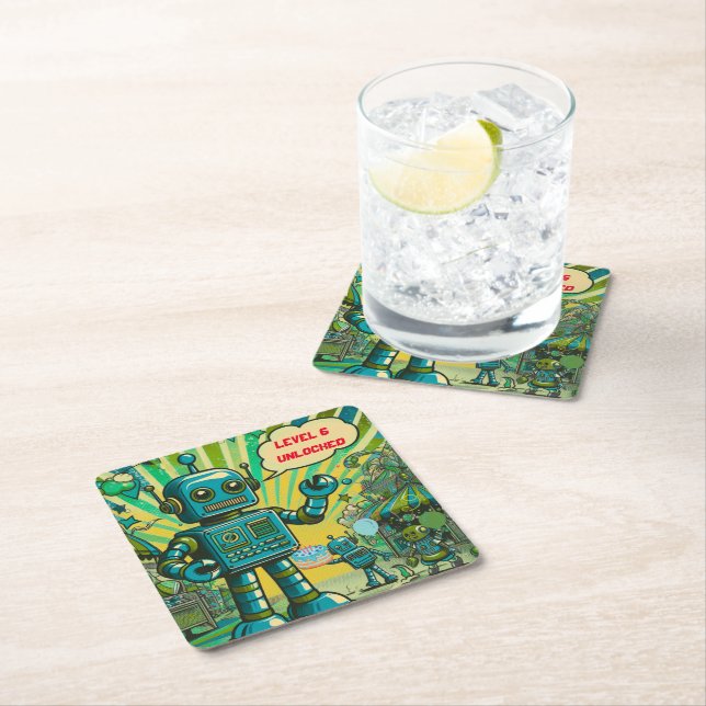 Dessous-de-verre Carré En Papier Robot garçon d'anniversaire personnalisable (En situation)