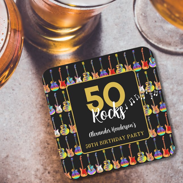 Dessous-de-verre Carré En Papier Rocher et Rouleau 50e fête d'anniversaire Custom (Rock and roll 50th birthday party custom black and gold paper coasters with colorful funky guitars)