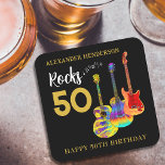Dessous-de-verre Carré En Papier Rock and Roll 50th Birthday Party Nom<br><div class="desc">Célébrez une cinquantaine en style rock et roll avec ce dessous de verre de soirée à thème de la guitare 50ème anniversaire avec ajouter personnalisé Rocks 50 avec trois modèles de guitare colorés cool sur arrière - plan noir. Guitare électrique avec motif à flamme et garde-pick rouge, guitare semi acoustique...</div>