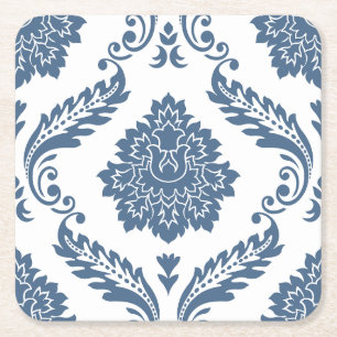 Dessous-de-verre Carré En Papier Rococo Damassé Grand Motif Bleu sur Blanc