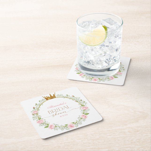 Dessous-de-verre Carré En Papier Romance qui rougit : Roses roses et Gypsophile pan (En situation)