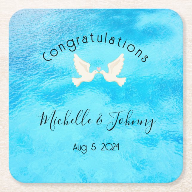 Dessous-de-verre Carré En Papier Romantique - deux colombes avec coeur rose sur ble (Devant)