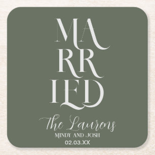 Dessous-de-verre Carré En Papier Romantique Écrit Sage VERT Marié Mariage