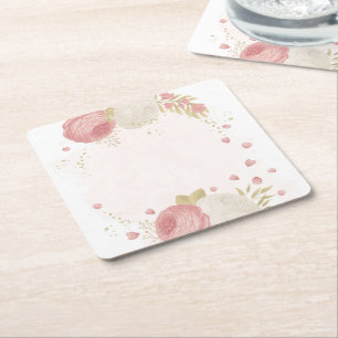 Dessous-de-verre Carré En Papier Romantique rose & fleurs blanches or