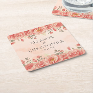 Dessous-de-verre Carré En Papier Romantique Vintage Mariage Corail Roses Personnali
