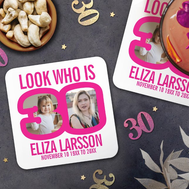 Dessous-de-verre Carré En Papier Rose blanc 30e anniversaire deux photos regardez q (Créateur téléchargé)