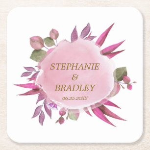 Dessous-de-verre Carré En Papier Rose Elégant Aquarelle moderne Mariage Floral